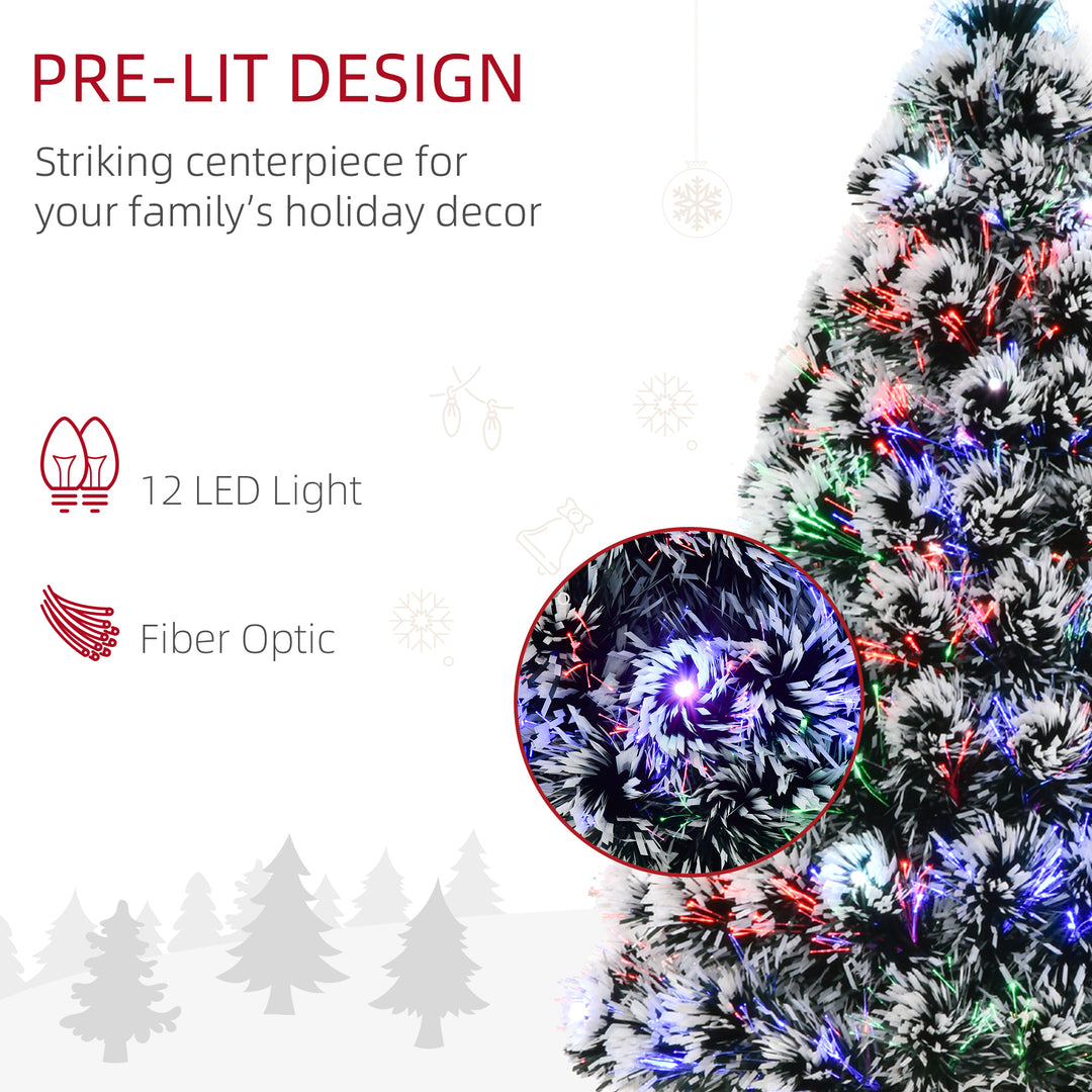 MCL 3ft Artificial Prelit Christmas Tree, Snow Xmas Tree with Colourful LED Lighting Fiber Optics, Green White