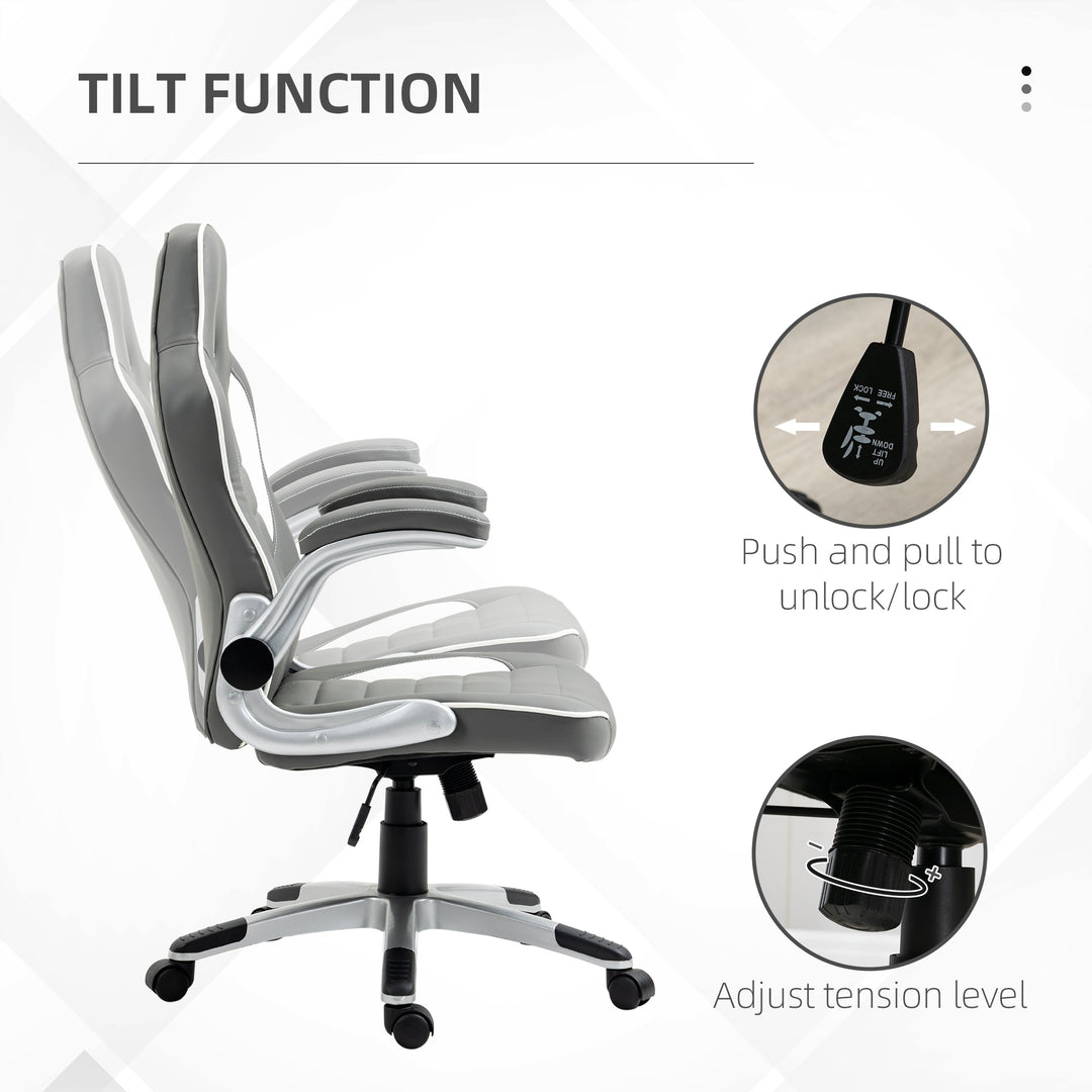 Computer Gaming Chair, Office Desk Swivel Chair, PU Leather Racing Chair with 90° Flip-up Armrest, Adjustable Height and Rolling Wheels, Grey