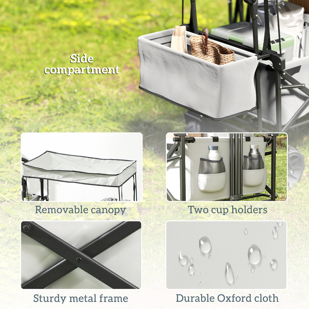 Folding Trolley Cart Storage Wagon Beach Trailer 4 Wheels with Handle Overhead Canopy Cart Push Pull for Camping, Grey