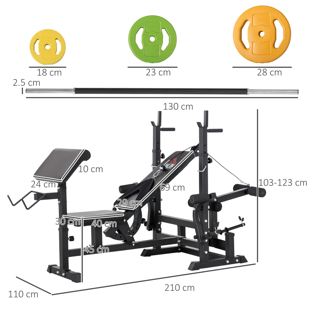 HOMCOM Weight Bench with Adjustable Barbell Rack, Leg Extension, Preacher Curl Pad and 20kg Barbell Set