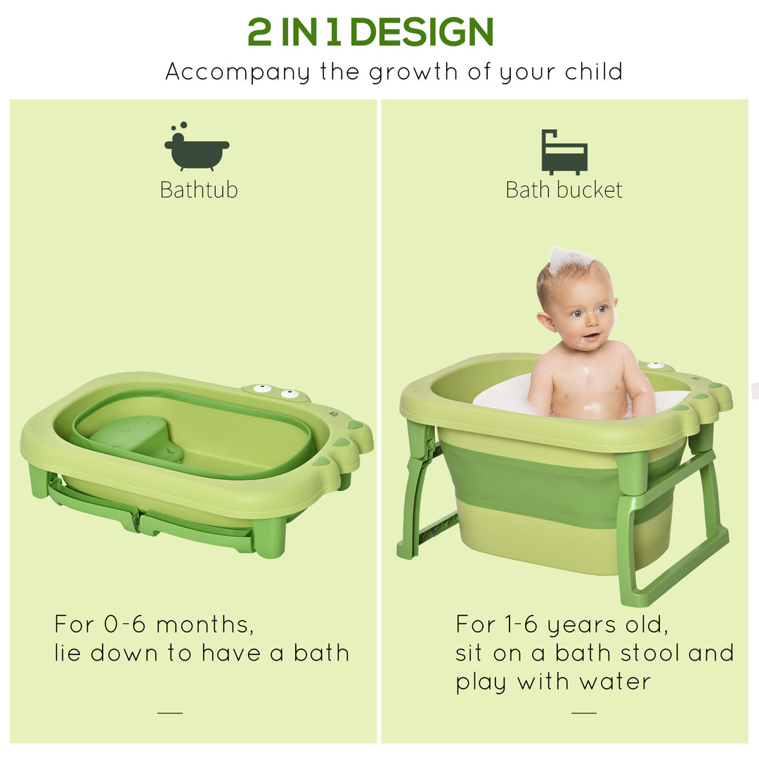 HOMCOM Baby Bath Tub for 0-6 Years Collapsible Non-Slip Portable with Stool Seat for Newborns Infants Toddlers Kids Crocodile Shape Green | Aosom UK