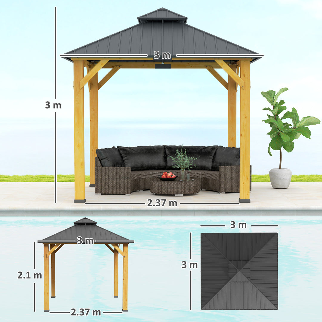 3x(3)M Outdoor Hardtop Gazebo Canopy with 2-Tier Roof and Solid Wood Frame, Outdoor Patio Shelter for Patio, Garden, Grey