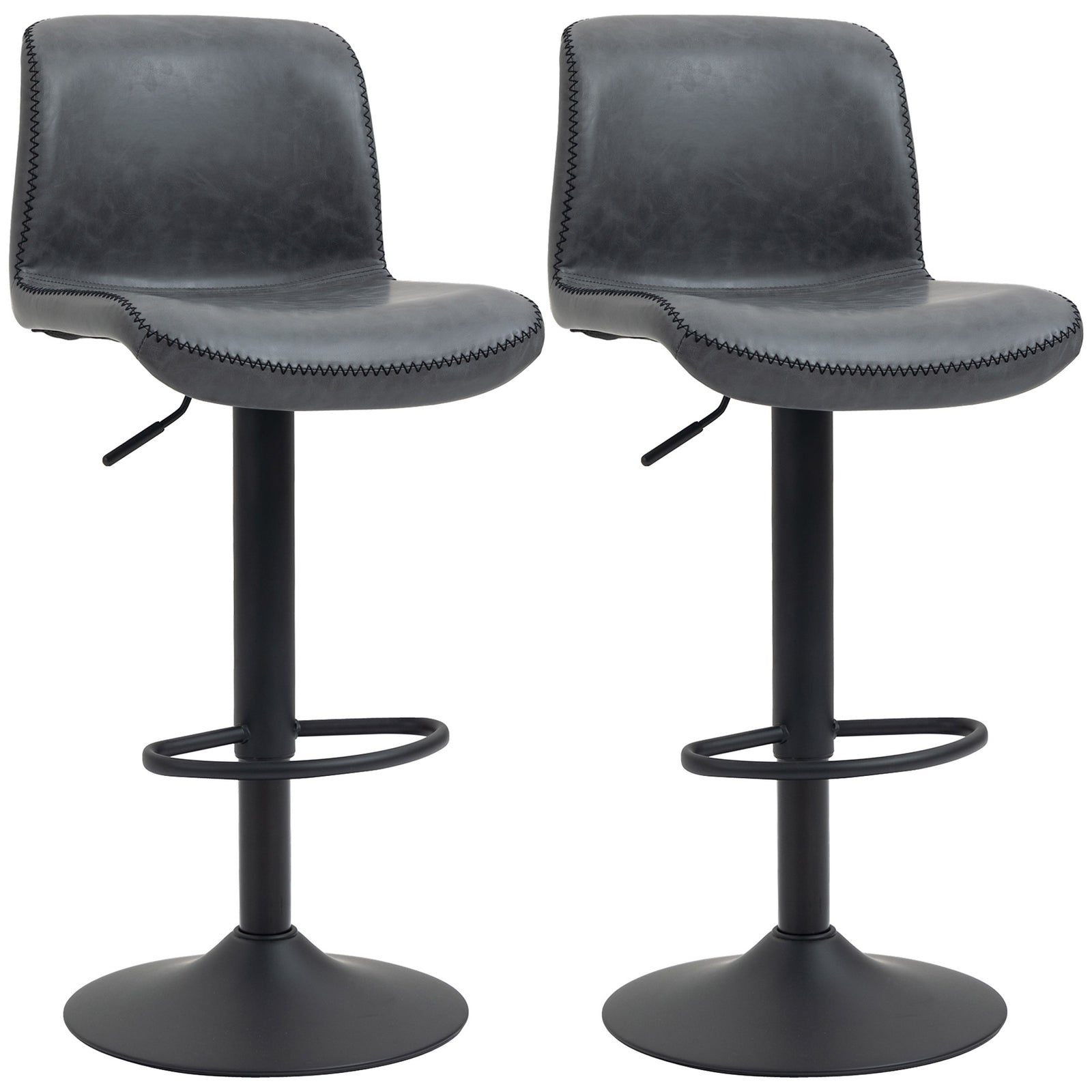 Set of 2 Bar Stool, Adjustable Height PU Leather Barstools with Swivel Seat and Footrest for Breakfast Bar, Kitchen and Home, Dark Grey