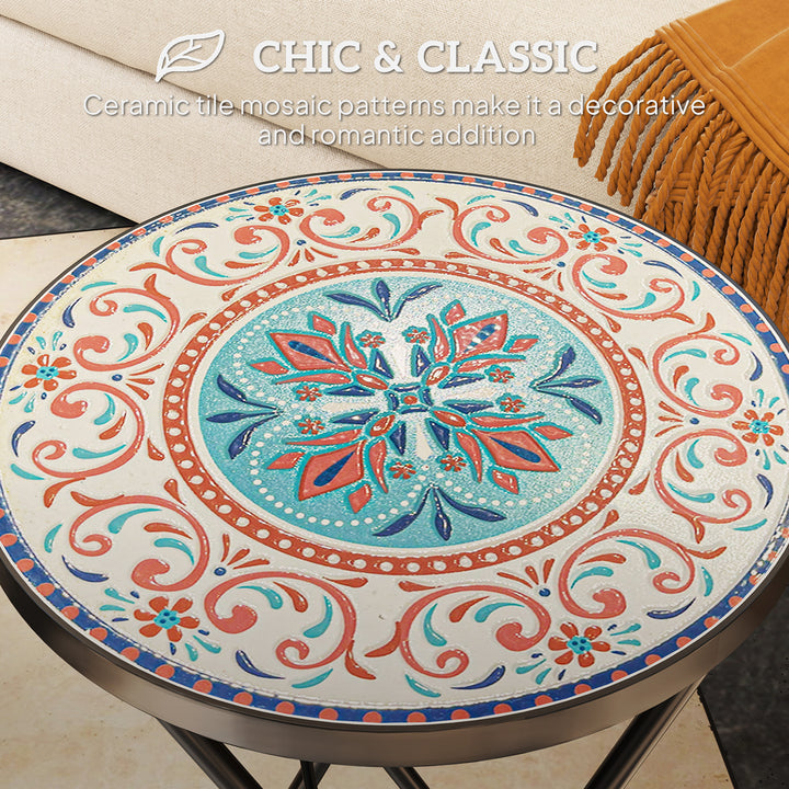 Mosaic Outdoor Garden Table, 35.5cm Round Folding Coffee Table with Metal Frame for Balcony Terrace, Multicolour