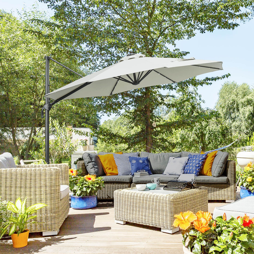 MCL 3(m) LED Cantilever Parasol Garden Sun Umbrella w/ Cross Base and Solar Lights Grey