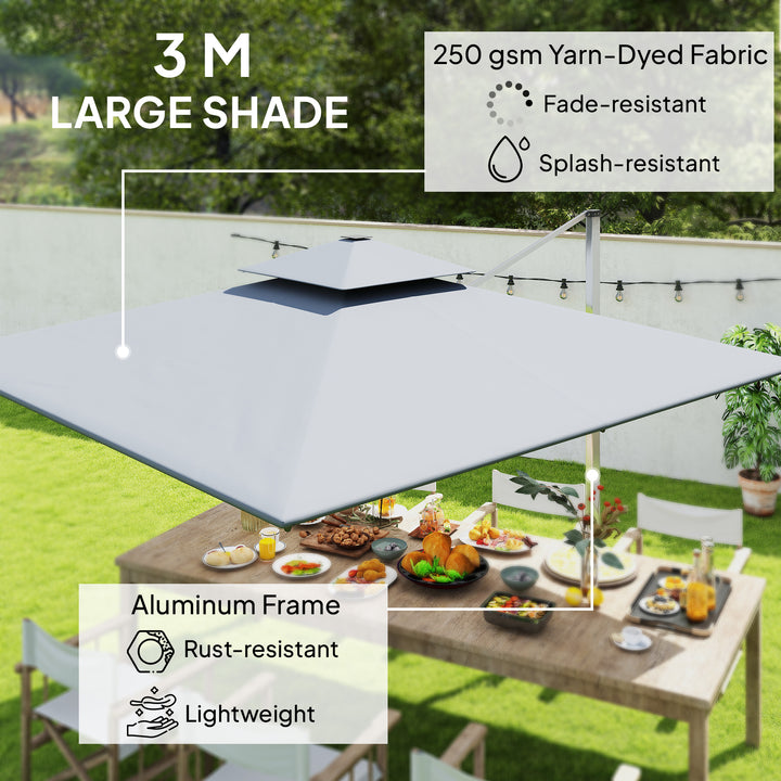 3(m) Garden Cantilever Parasol with Solar LED Lights, Cross Base, 360° Rotation, Crank Handle and Tilt, Grey