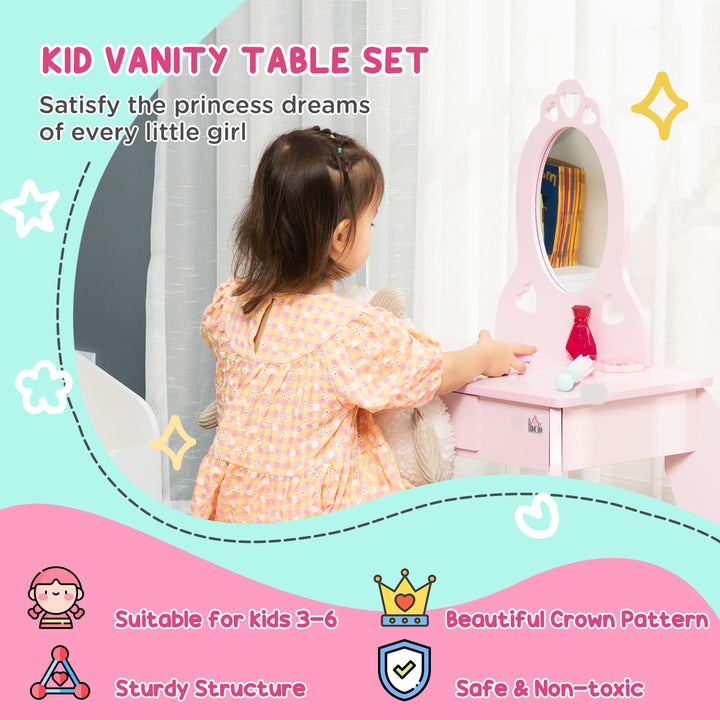 HOMCOM Kids Vanity Table & Stool Girls Dressing Set Make Up Desk Chair Dresser Play Set with Mirror Pink