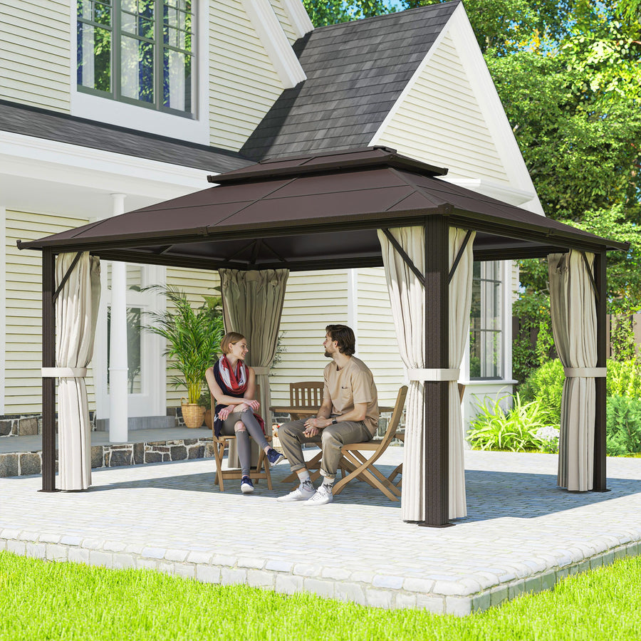 3 x 4m Hardtop Gazebo Canopy with UPF30+ Double Polycarbonate Roof, Aluminium Frame Garden Gazebo Permanent Pavilion with Mosquito Netting and Curtains for Patio, Deck, Beige