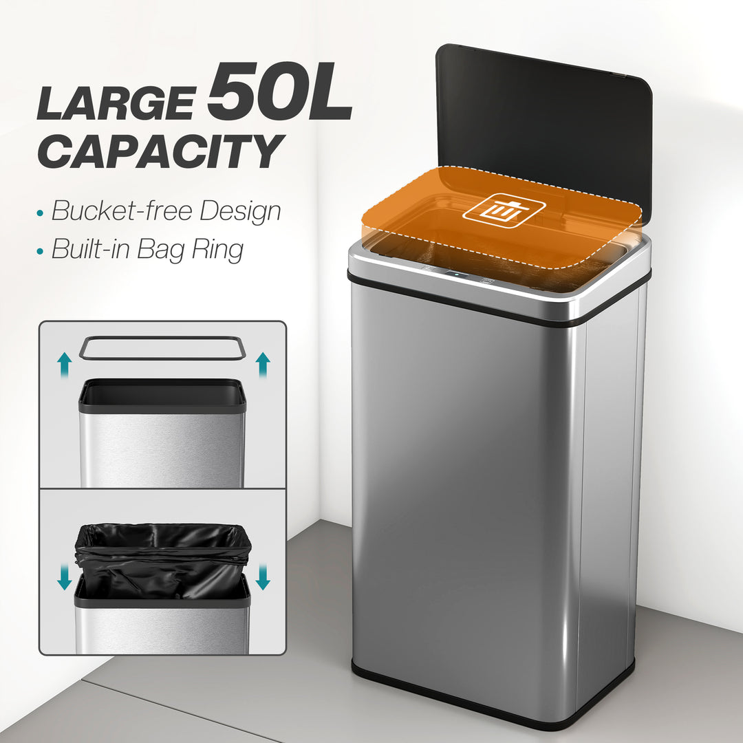 MCL 50L Sensor Bin with Quiet Soft-Close Lid, Automatic Touchless Motion Sensor Kitchen Bin with Fingerprint Resistant Stainless Steel for Hygienic Gyms, Home Office Use, Silver Tone
