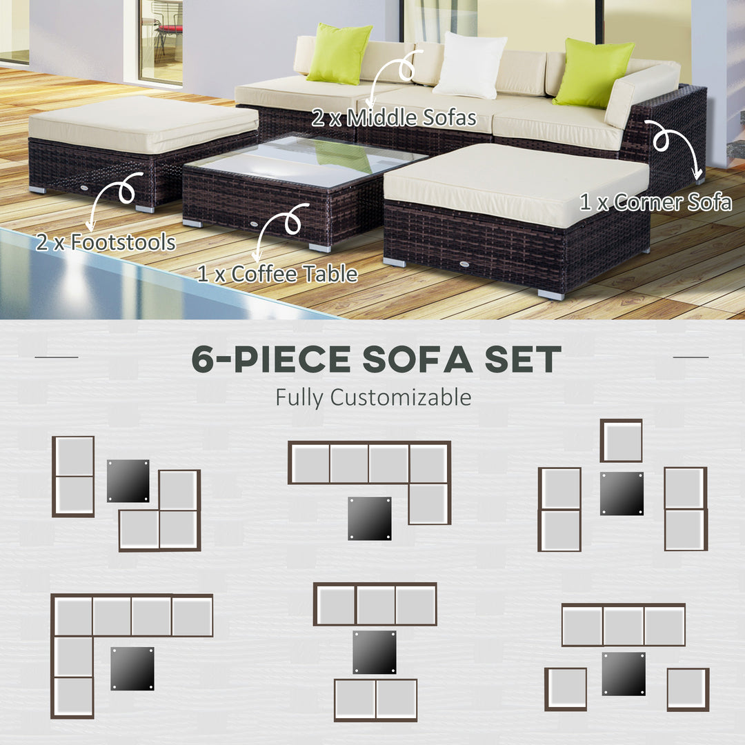 6 PC Rattan Sofa Coffee Table Set Sectional Wicker Weave Furniture for Garden Outdoor Conservatory w/ Pillow Cushion Brown