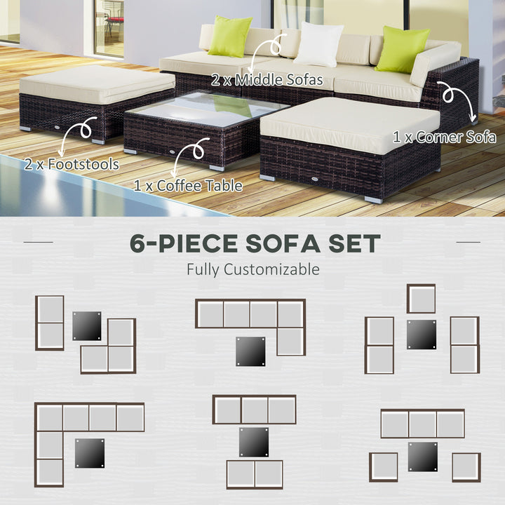 6 PC Rattan Sofa Coffee Table Set Sectional Wicker Weave Furniture for Garden Outdoor Conservatory w/ Pillow Cushion Brown