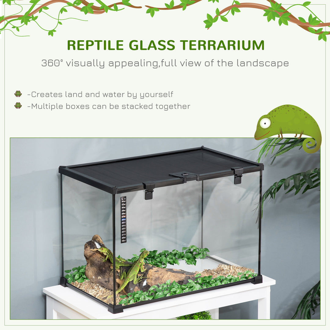 PawHut 50 x 30 x 35 cm Reptile Glass Terrarium, Reptile Breeding Tank, Climbing Pet Glass Containers w/ Strip Patch Thermometer, Black | Aosom UK