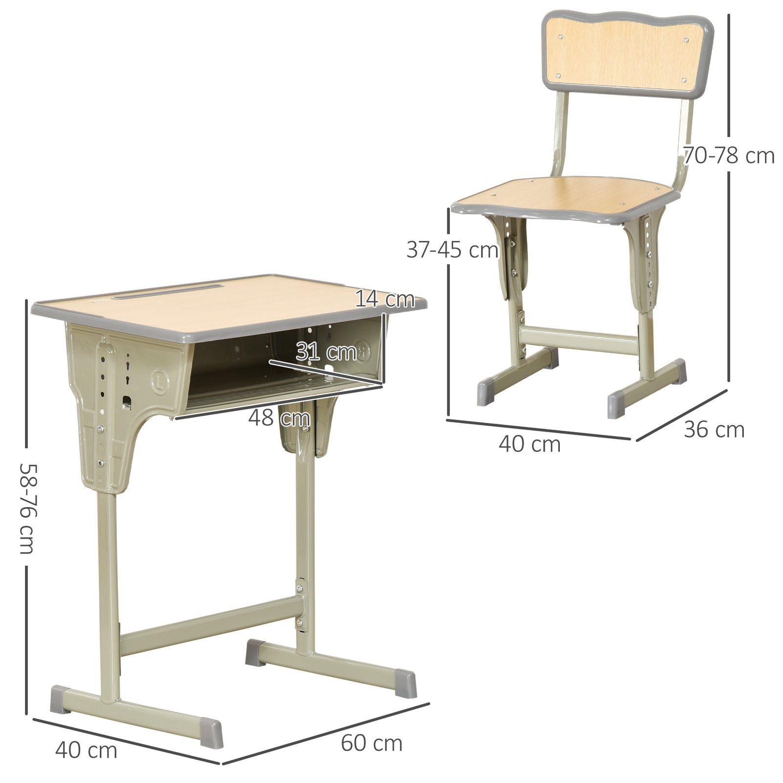 Height Adjustable Kids Desk and Chair Set with Storage Compartment, Ba
