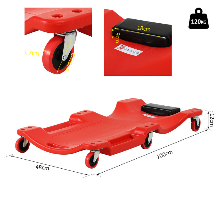 MCL Mechanic Vehicle Creeper, Under-Car Rolling Crawler Board, with Headrest, Wheels, Red