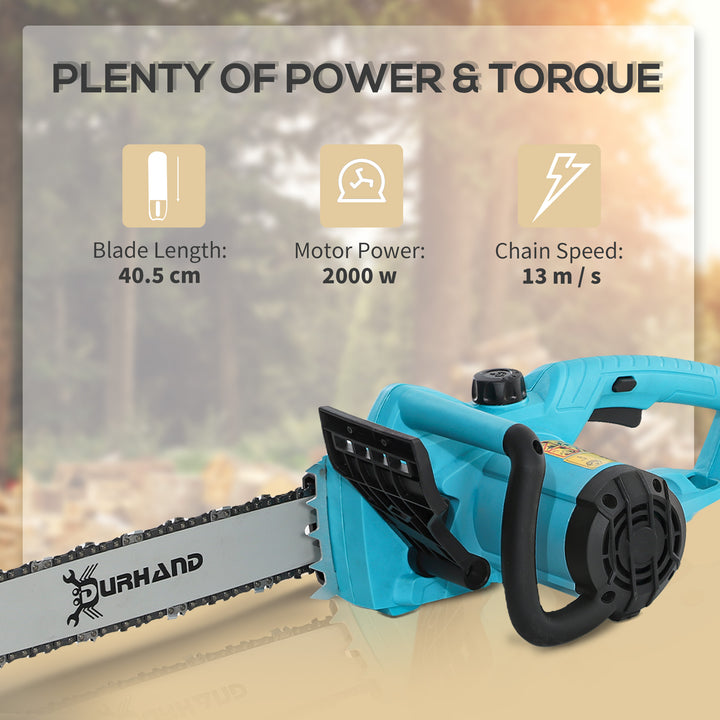Aluminium Chainsaw with Double Brake Protection and Bar Cover, 2000 W, 40 cm, for Wood, Trees and Branches, Blue