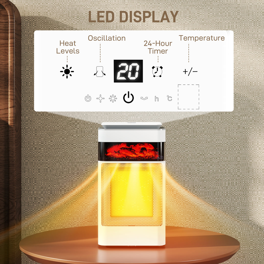 MCL Ceramic Electric Heater, 1500W Fan Space Heater with 3 Modes, 24H Timer, Flame Effect, Oscillation for Bedroom, White