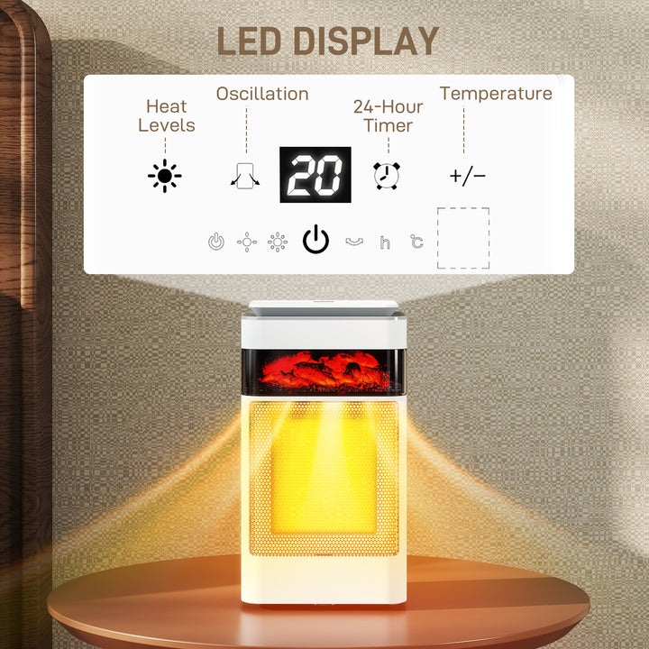 MCL Ceramic Electric Heater, 1500W Fan Space Heater with 3 Modes, 24H Timer, Flame Effect, Oscillation for Bedroom, White