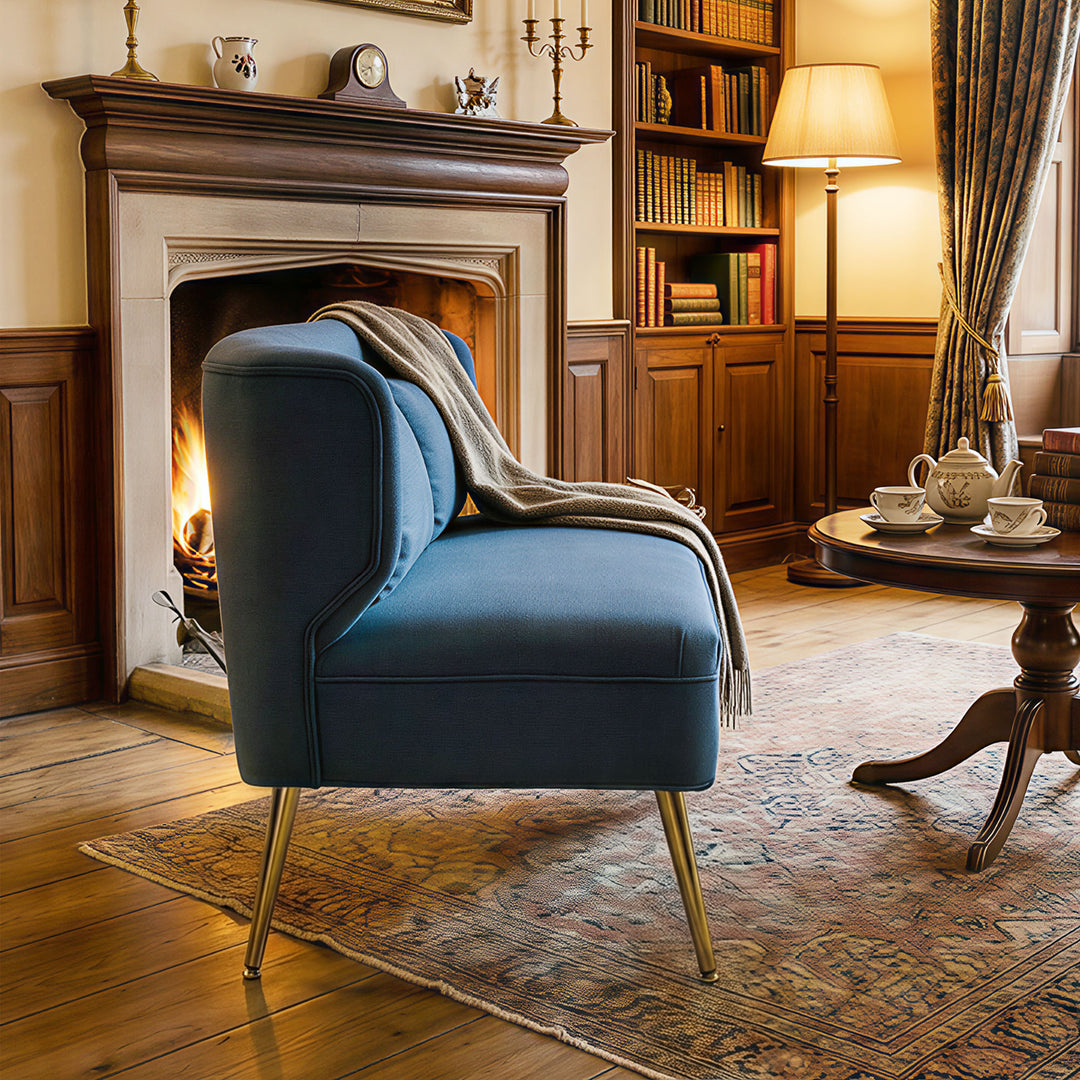 2 Seater Sofa, Linen-look Fabric Small Sofa with Wing Back, Thick Seat, Metal Legs
