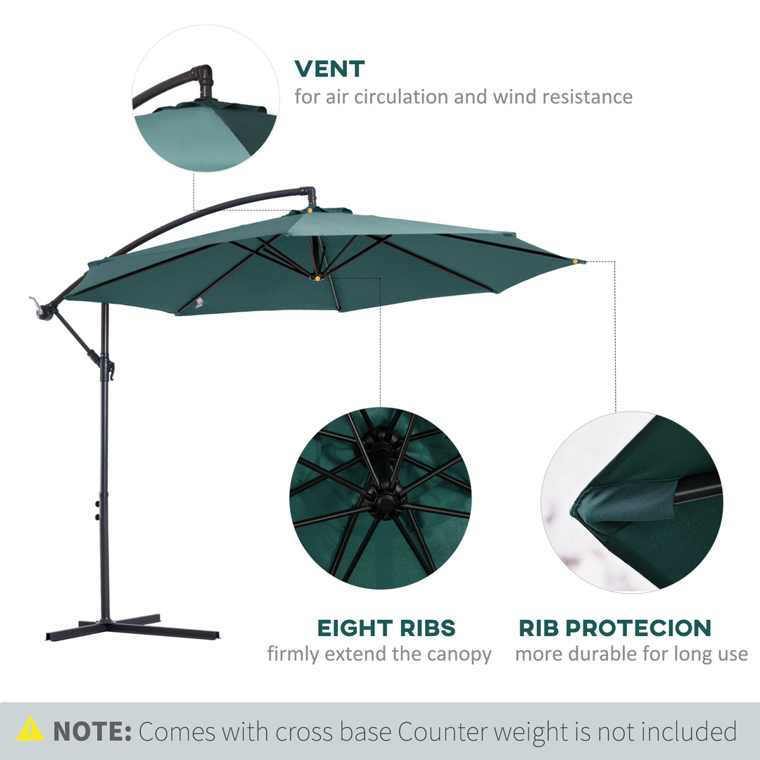 Outsunny Cantilever Parasol, 3m Banana Hanging Umbrella with Crank Handle, 8 Ribs, Cross Base, Outdoor Sun Shade, Dark Green