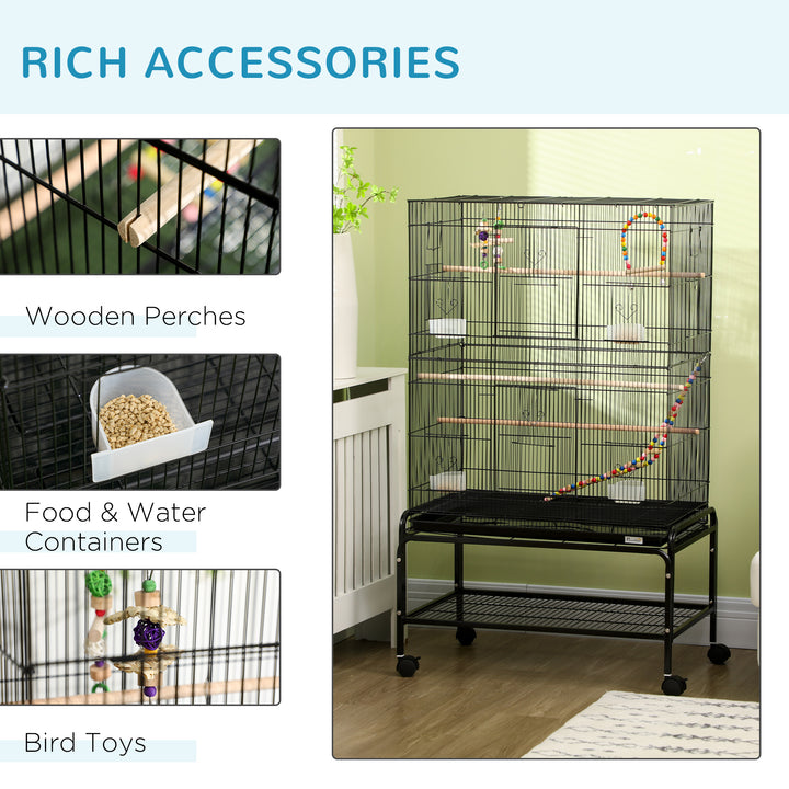 PawHut Steel Budgie Cage 133cm High with Stand, Slide-Out Tray, Toys, Storage Shelf for Canaries, Finches, Lovebirds, Parakeets, Black | Aosom UK