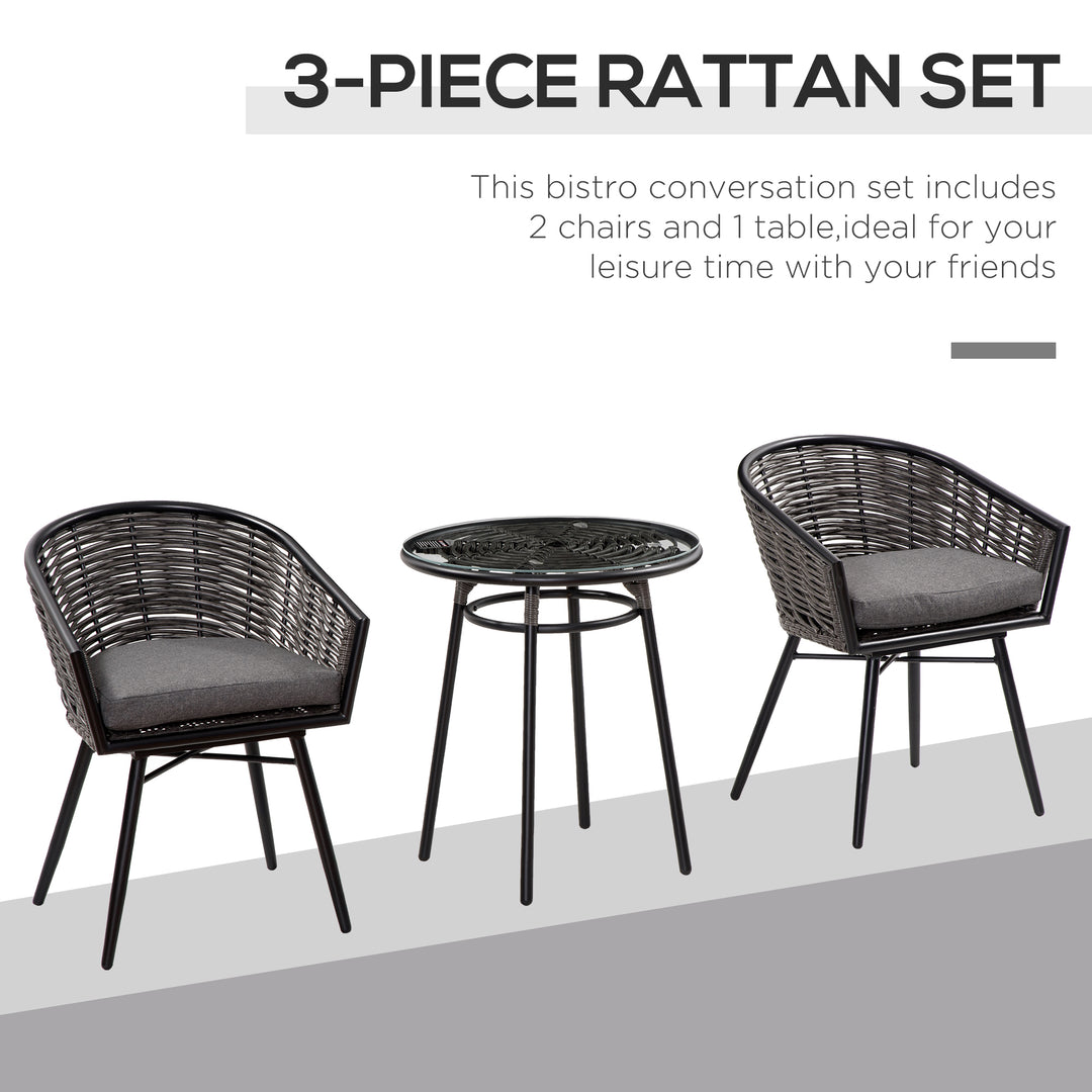 3 Pieces Rattan Bistro Set, Wicker Garden Furniture Set with Round Glass Top Coffee Table and Chairs, Washable Cushions for Outdoor, Patio, Balcony, Grey
