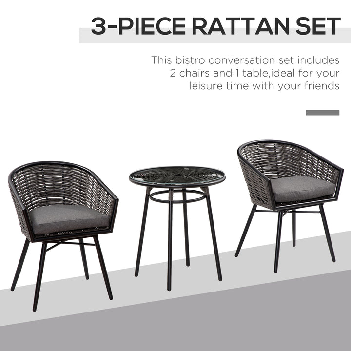 3 Pieces Rattan Bistro Set, Wicker Garden Furniture Set with Round Glass Top Coffee Table and Chairs, Washable Cushions for Outdoor, Patio, Balcony, Grey