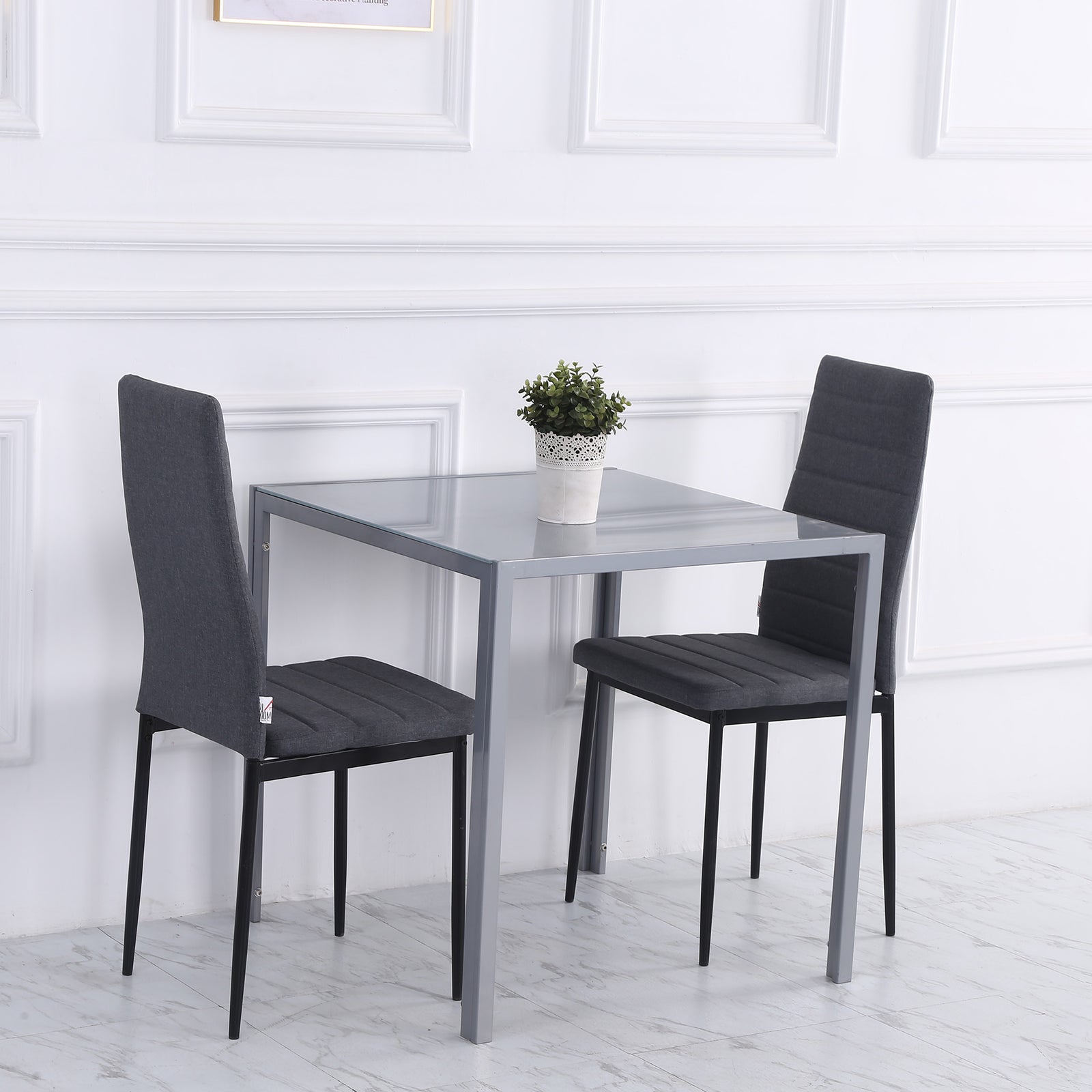 Modern Square Dining Table for 2-4 People, with Glass Top & Metal Legs for Dining Room, Living Room, Grey