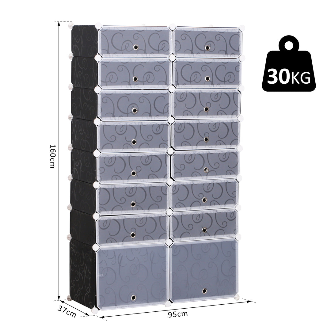 HOMCOM DIY 16-Cube Shoe Rack, Large Portable Interlocking Plastic Cabinet, 8 Tier Footwear Organiser for 32 Pairs, Bedroom