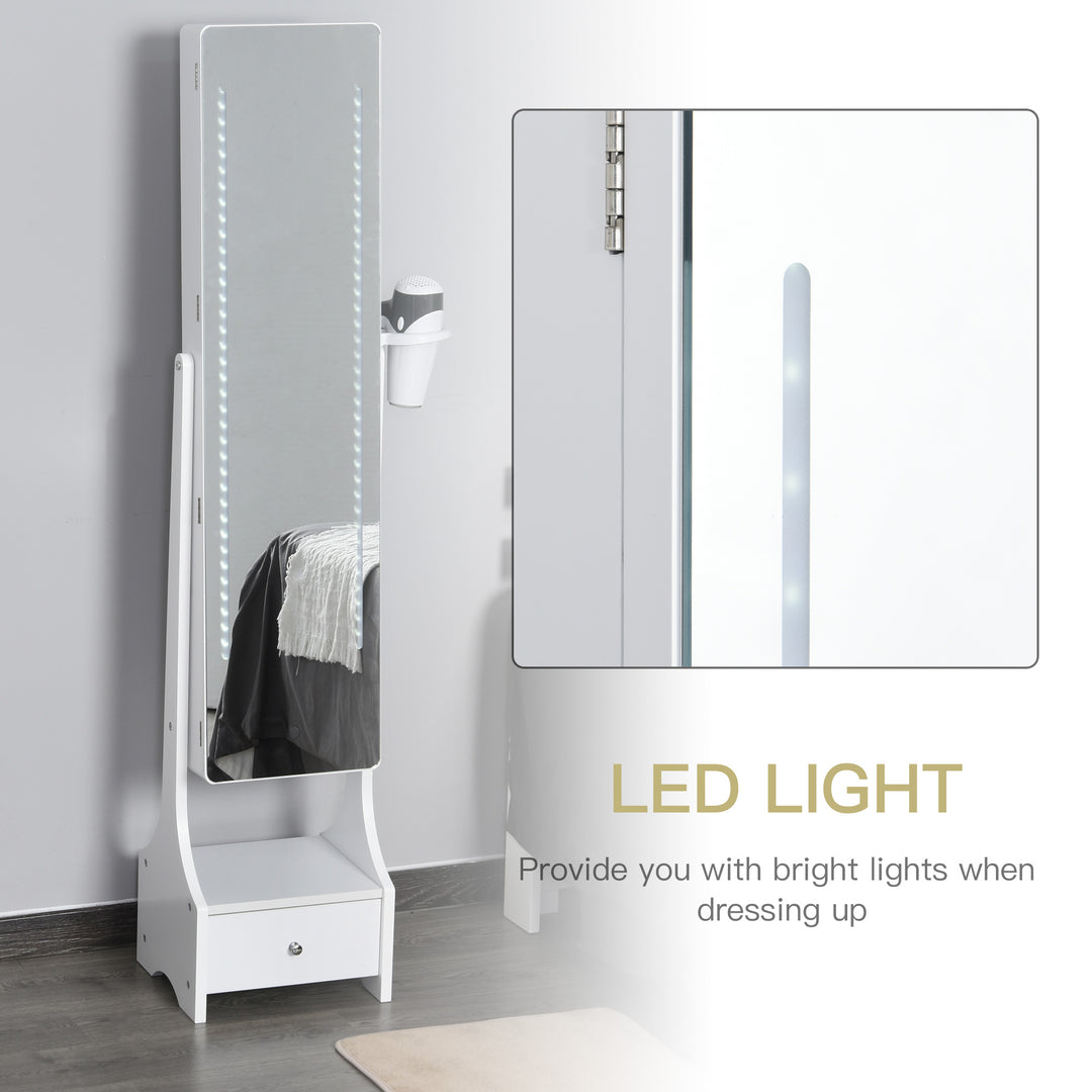 Jewellery Cabinet, Full Length Mirror with Storage, Free Standing Mirror with LED Lights, Hooks, Drawer and Hairdryer Holder for Bedroom, White