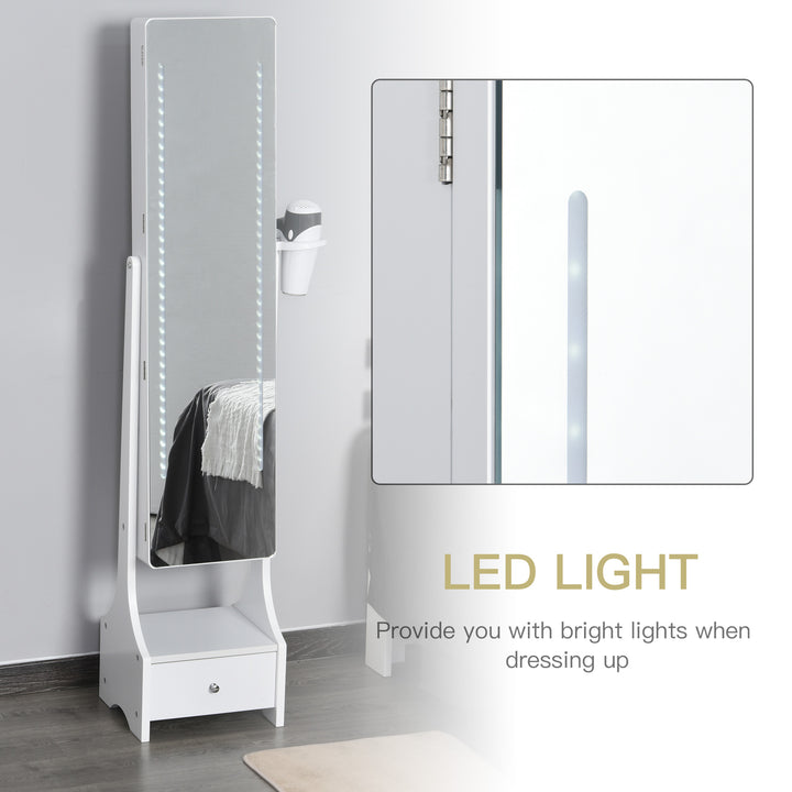 Jewellery Cabinet, Full Length Mirror with Storage, Free Standing Mirror with LED Lights, Hooks, Drawer and Hairdryer Holder for Bedroom, White