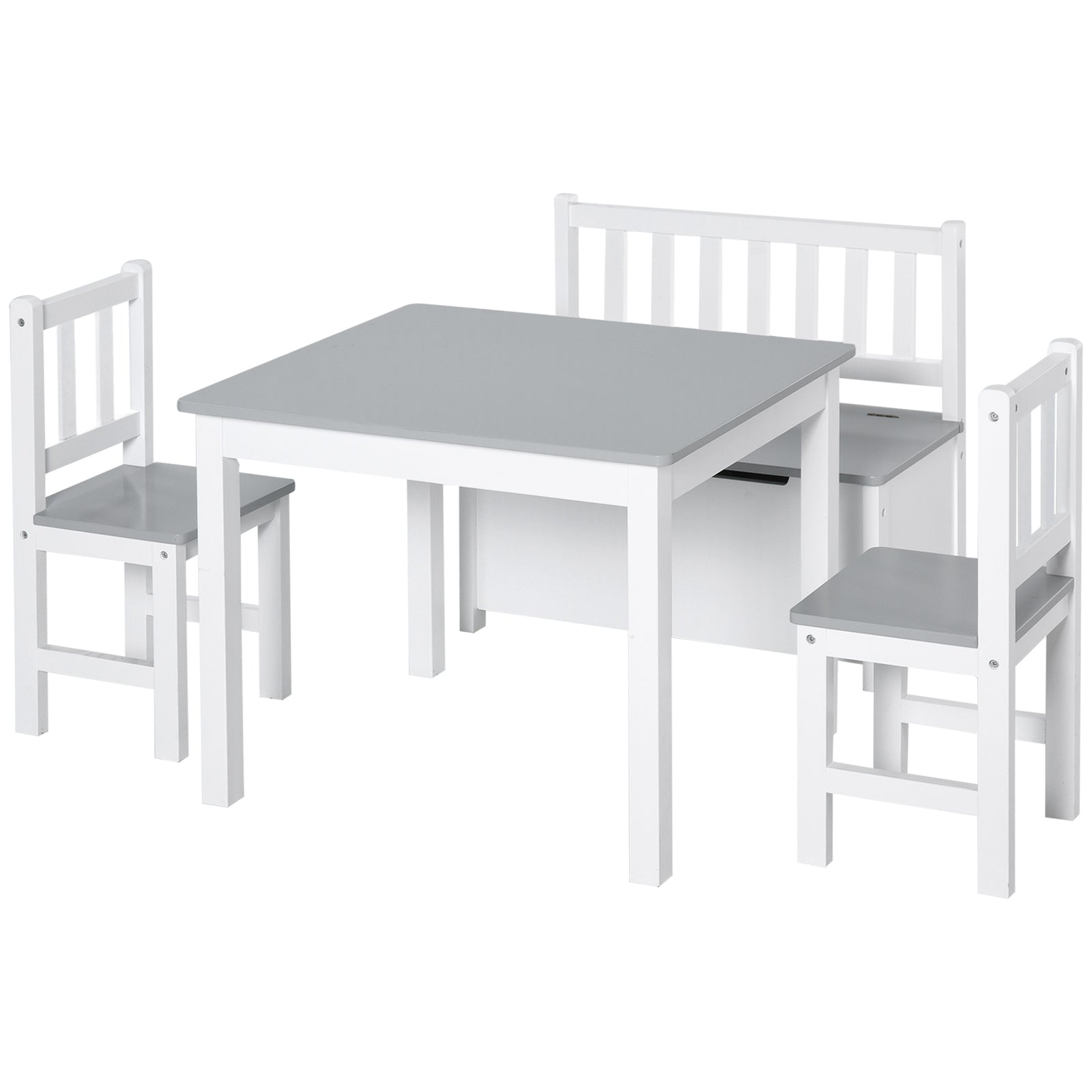 4-Piece Kids Table and Chair Set with 2 Wooden Chairs, 1 Storage Bench, and Interesting Modern Design, Grey/White