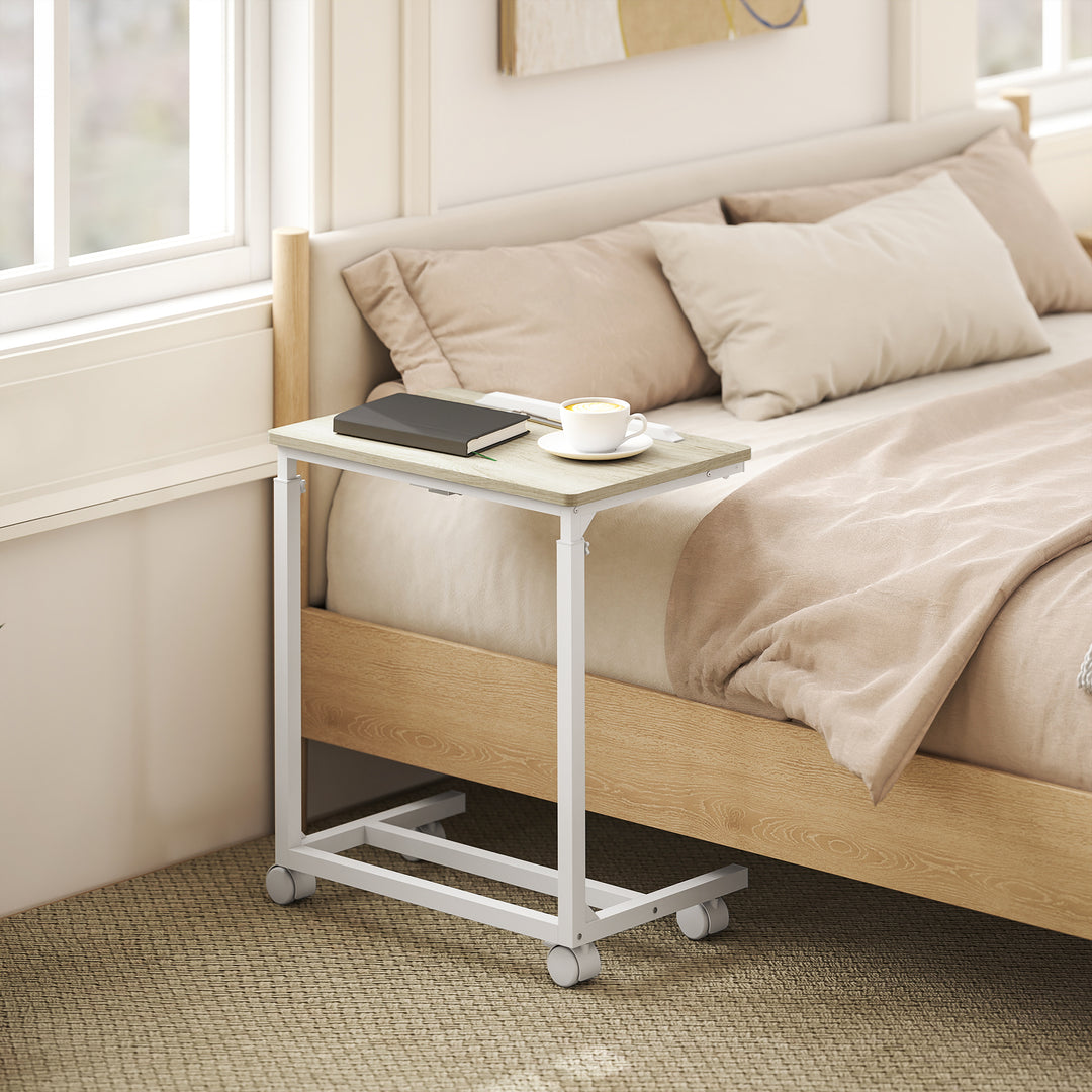 C-Shaped Sofa Side Table, Height Adjustable Overbed Table with Tilting Desktop, Mobile Laptop Desk for Living Room Bedroom, Oak and White