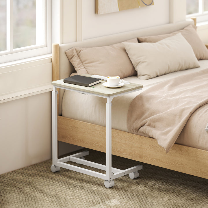C-Shaped Sofa Side Table, Height Adjustable Overbed Table with Tilting Desktop, Mobile Laptop Desk for Living Room Bedroom, Oak and White