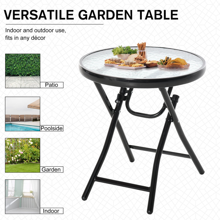 MCL Foldable Garden Table, Round Folding Table with Glass Tabletop and Safety Buckle for Patio, Garden, Outdoor, Indoor, Black