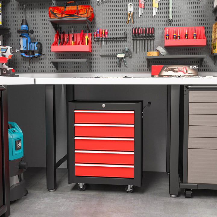 HOMCOM 5-Drawer Tool Chest with Wheels, Steel Lockable Tool Storage Cabinet with Handle, 2 Keys for Garage, Workshop, Red