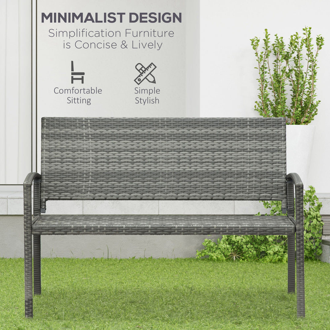 2 Seater Poly Rattan Garden Bench, All Weather Wicker Garden Loveseat, Outdoor Seating Bench with 240 Load Capacity, Backrest and Armrests for Patio, Terrace, Balcony, Grey