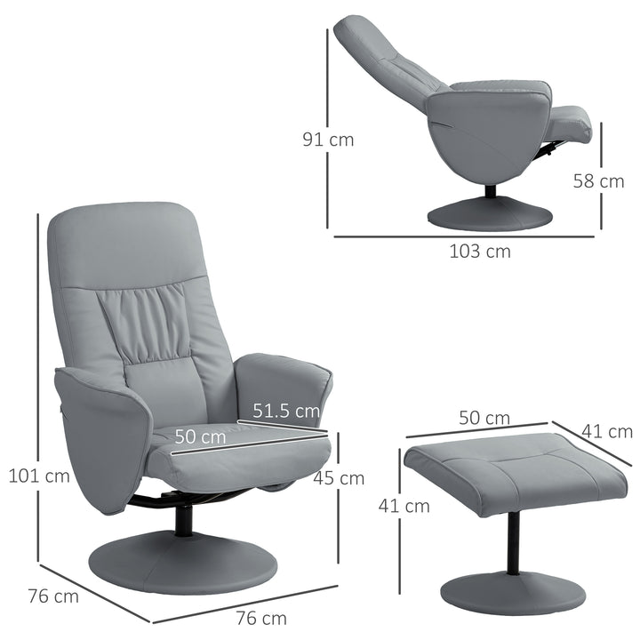 Swivel Recliner Chair with Footstool, HOMCOM PU Leather Armchair and Ottoman with High Back and Round Base for Living Room, Light Grey | Aosom UK