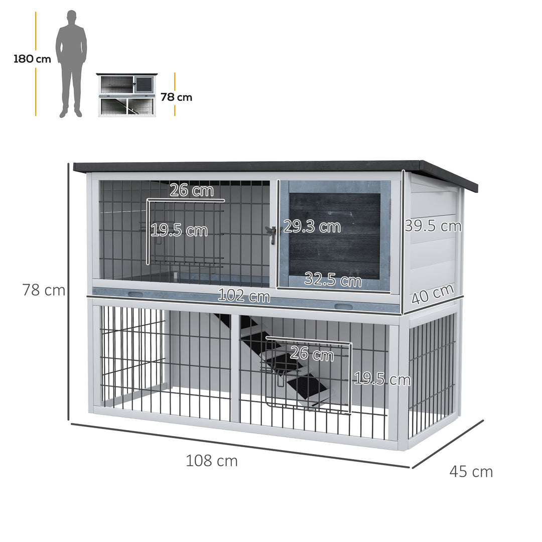 2-Tier Wooden Rabbit Hutch Guinea Pig House Bunny Cage Backyard w/ Openable Roof Small Animal House for Outdoor Grey, 108 x 45 x 78 cm