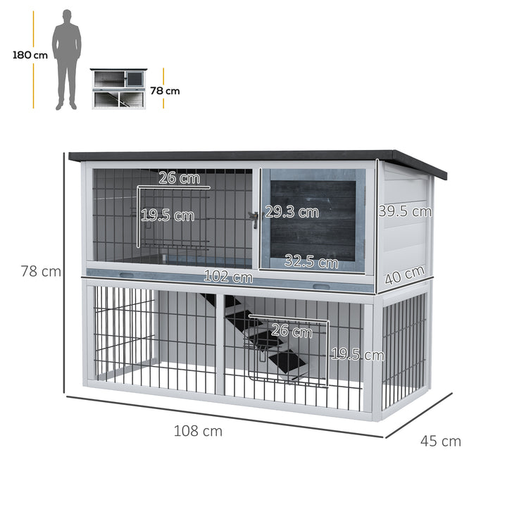 2-Tier Wooden Rabbit Hutch Guinea Pig House Bunny Cage Backyard w/ Openable Roof Small Animal House for Outdoor Grey, 108 x 45 x 78 cm