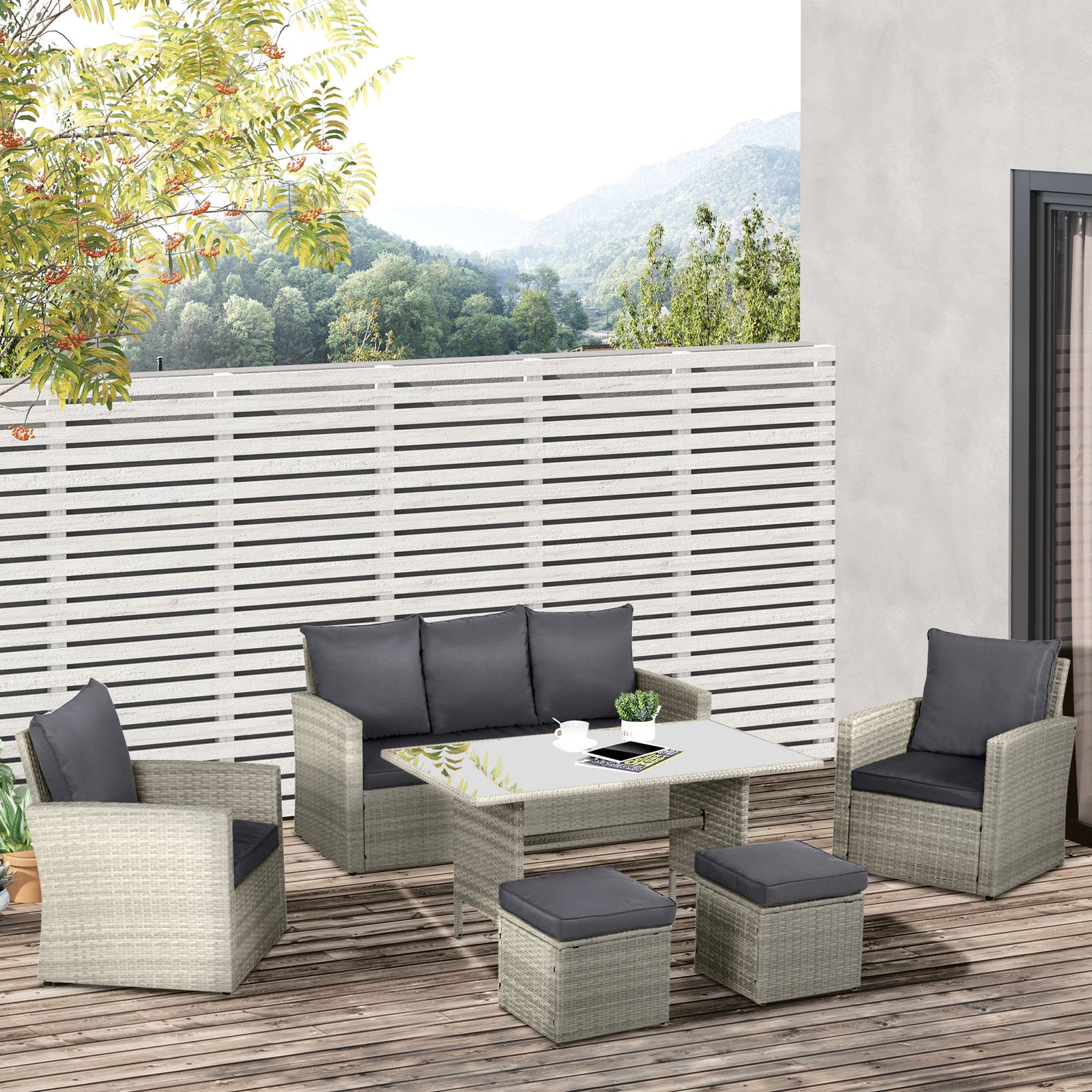 Six-Piece Rattan Sofa Set, with Glass-Top Table - Mixed Grey