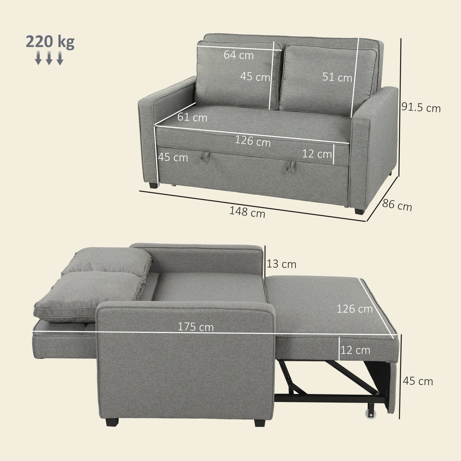 Double Sofa Bed Click Clack Sofa Bed Pull Out Bed with Adjustable Back
