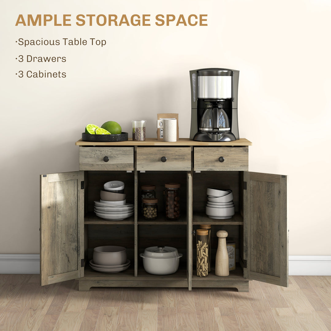 Sideboard with Rubber Wood Top, Modern Storage Cabinet, Kitchen Cupboard with 3 Doors, 3 Drawers and 3 Adjustable Shelves for Dining Room, Living Room, Grey Wood-Effect