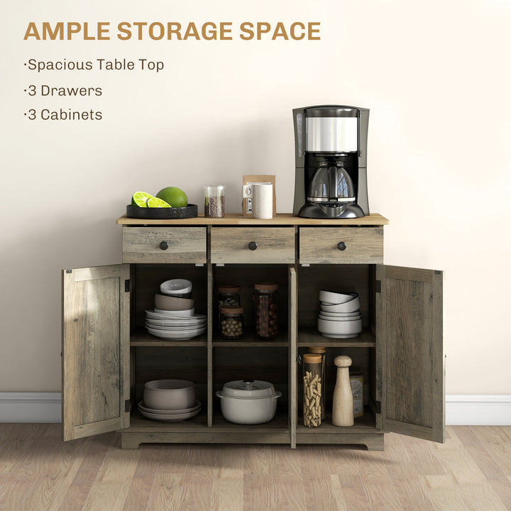 Sideboard with Rubber Wood Top, Modern Storage Cabinet, Kitchen Cupboard with 3 Doors, 3 Drawers and 3 Adjustable Shelves for Dining Room, Living Room, Grey Wood-Effect