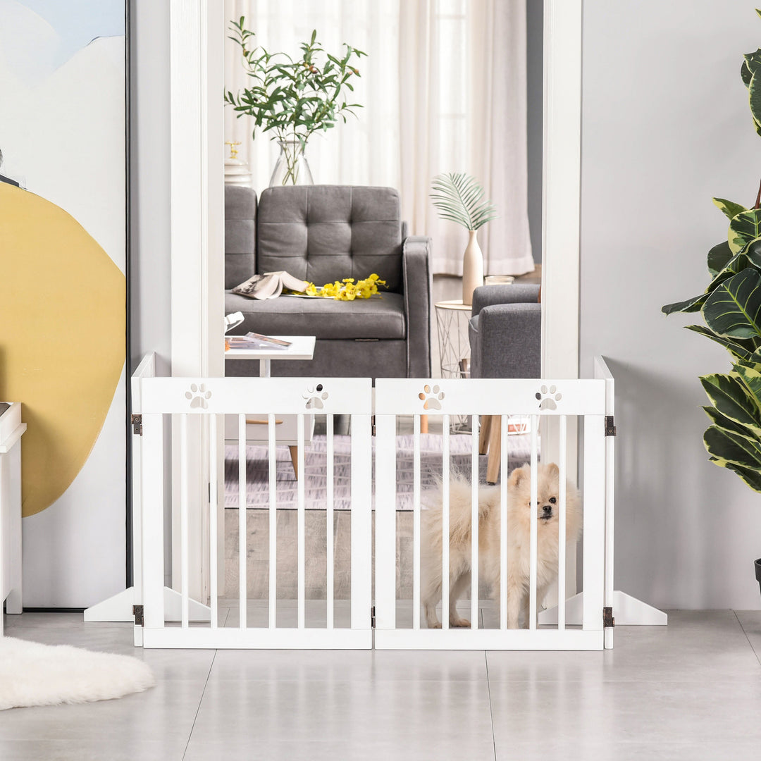 MCL Freestanding Pet Gate 4 Panel Wooden Dog Barrier Folding Safety Fence with Support Feet up to 204cm Long 61cm Tall for Doorway Stairs White