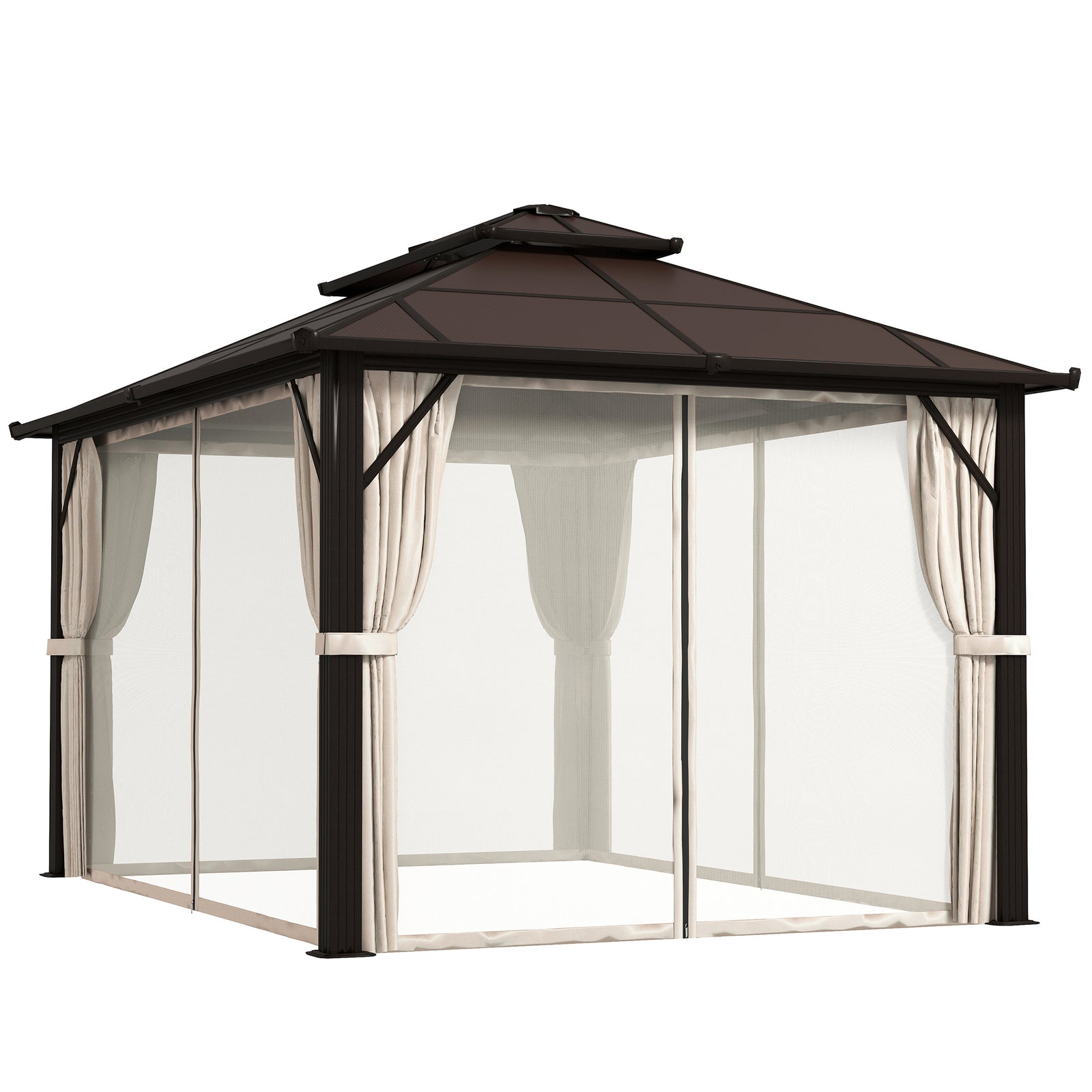 3 x 4m Hardtop Gazebo Canopy with UPF30+ Double Polycarbonate Roof, Aluminium Frame Garden Gazebo Permanent Pavilion with Mosquito Netting and Curtains for Patio, Deck, Beige