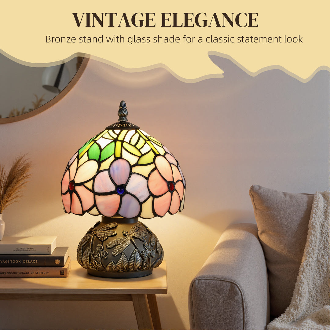 MCL Tiffany-Style Table Lamp with Sculpted Dragonfly Base, Handcrafted Antique Stained Glass Bedside Lamp for Living Room and Bedroom, E27 Socket, Pink