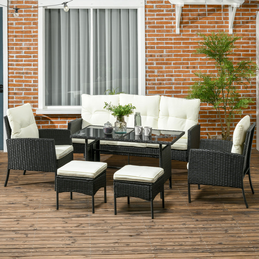 5 Seater Rattan Garden Furniture Set, 2 Armchairs, 3-Seater Wicker Sofa, 2 Footstools and Glass Table, 6 Piece Patio Rattan furniture Sofa Sets with Cushions for Conservatory, White