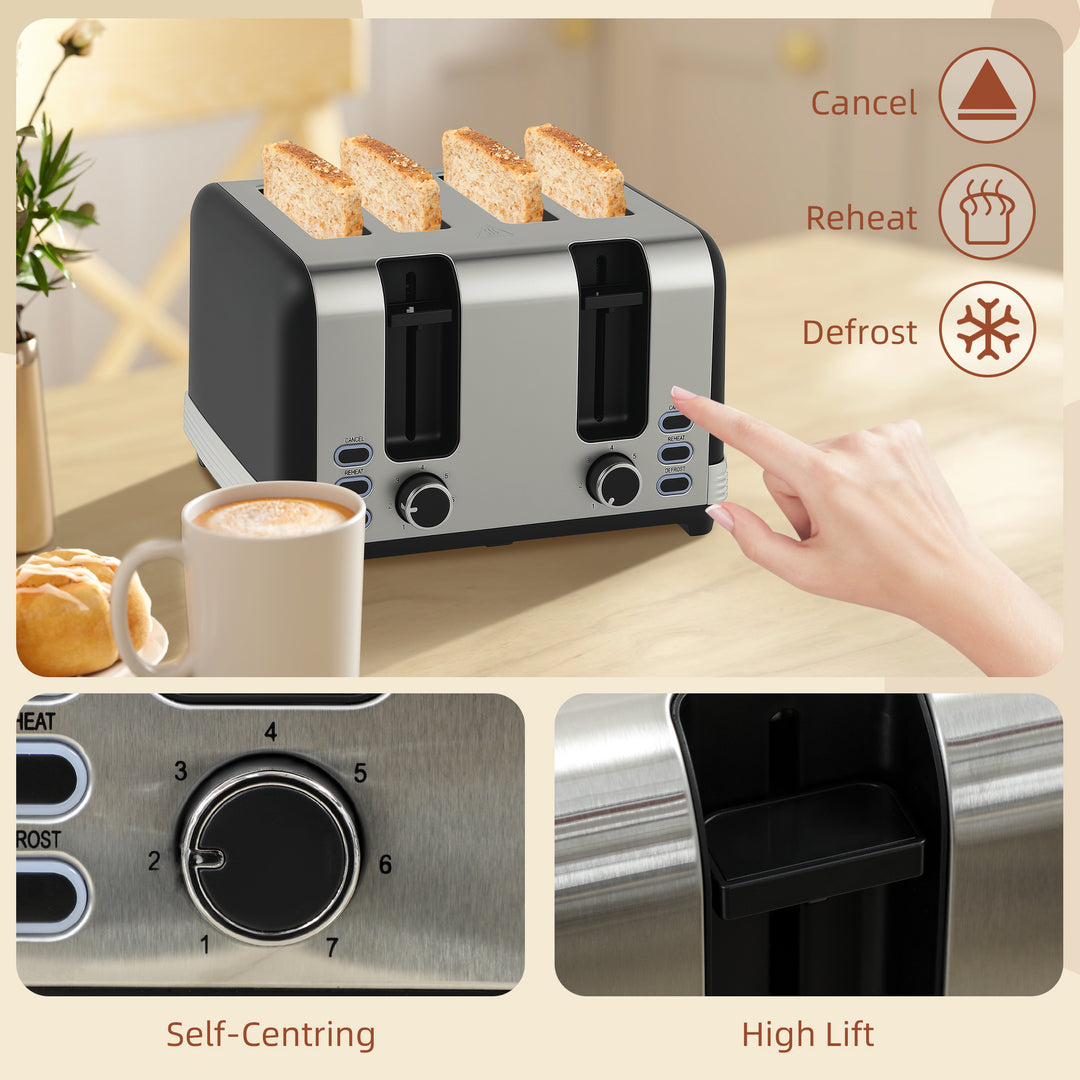 Stainless Steel Kettle and Toaster Set, 1.7L 3000W Rapid Boil Jug Kettle with UK Strix Thermostat, Limescale Filter, 4 Slice Toaster with 7 Browning Controls, Crumb Tray, Black and Silver Tone