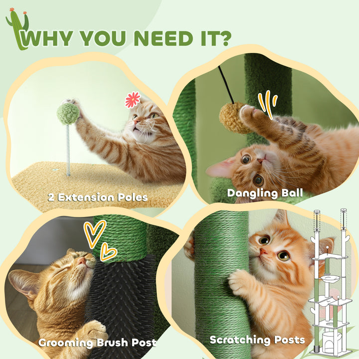 225-255cm Adjustable Floor to Ceiling Cat Tree, Tall Cat Tower for Indoor Cats w/ Scratching Posts, Green