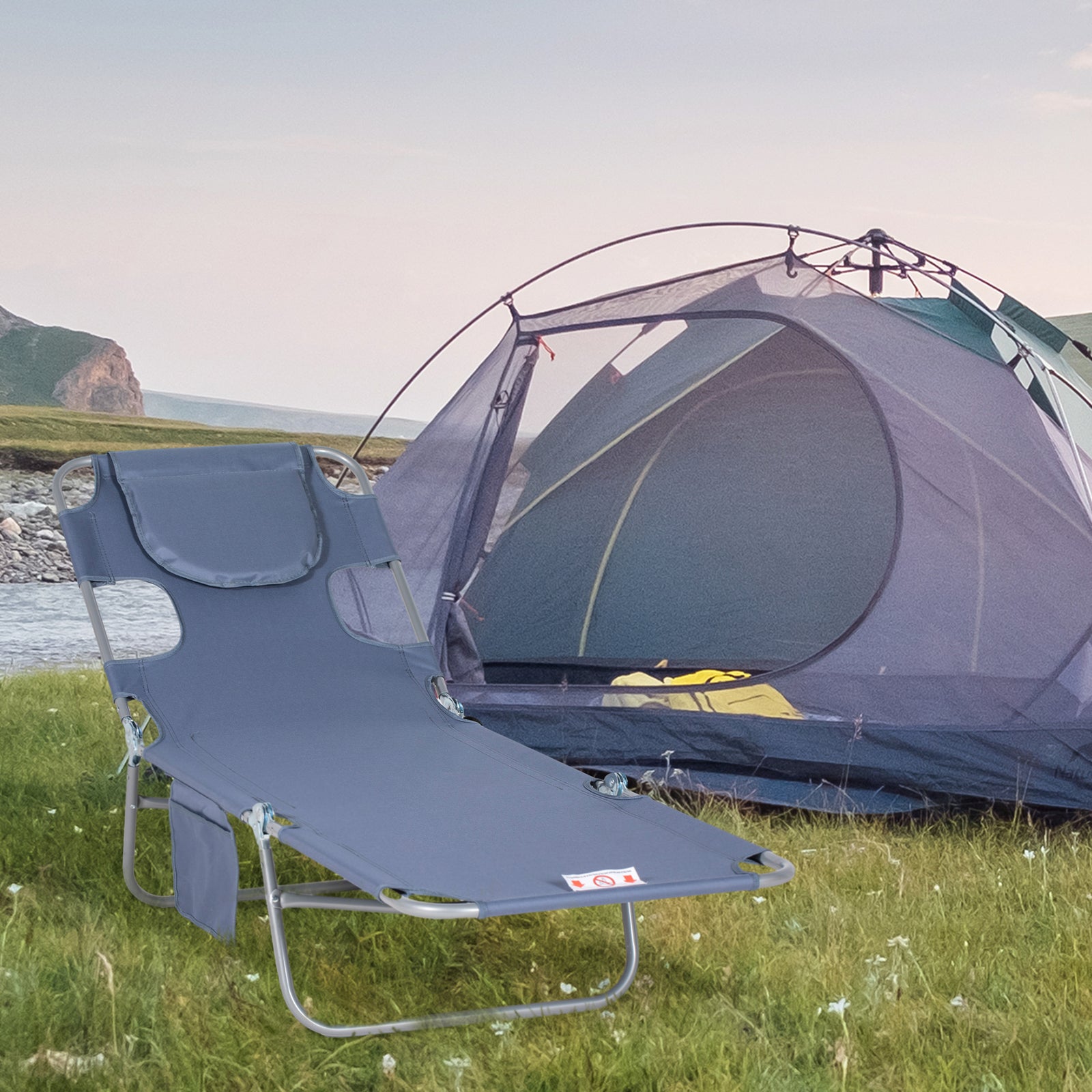 Foldable Sun Lounger, Beach Chaise Lounge with Reading Hole, Arm Slots, 5-Position Adjustable Backrest, Side Pocket, Pillow for Garden, Beach, Pool, Grey